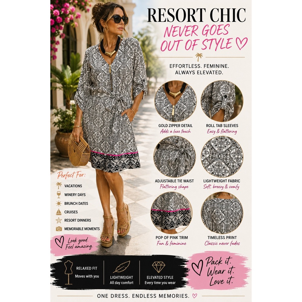 Tacera Womens Resort Chic Medallion Print Dress Black White Pink Trim Size M